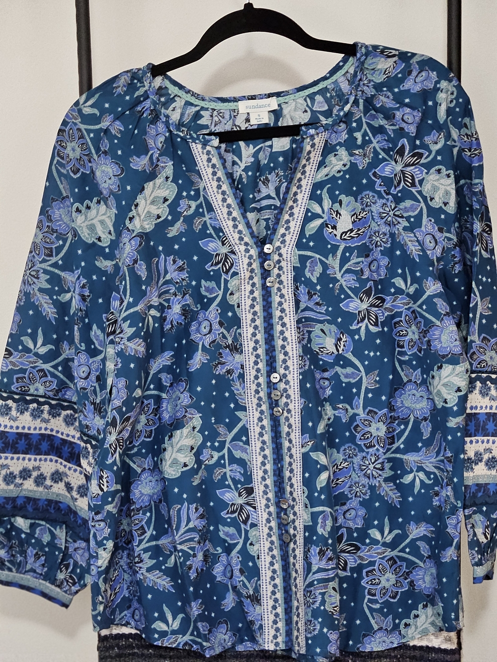 Sundance Teal and Light Blue Floral Button-Up Peasant Blouse
